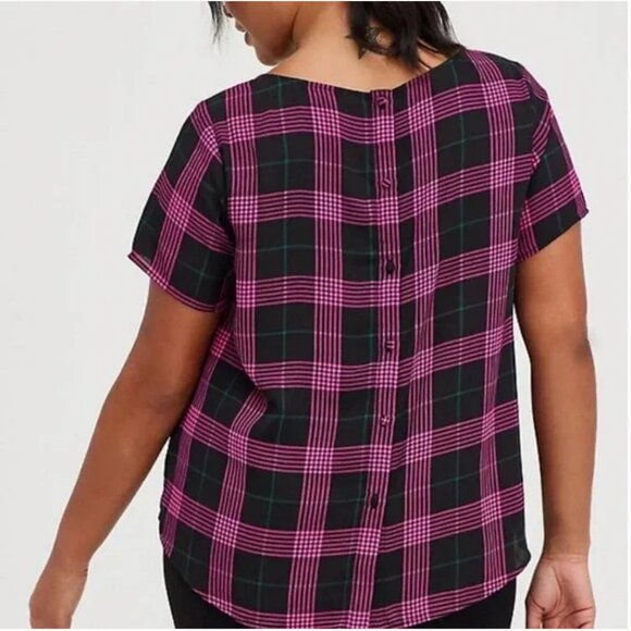 Torrid Abbey Georgette Plaid Blouse Pink and Black - Picture 2 of 13
